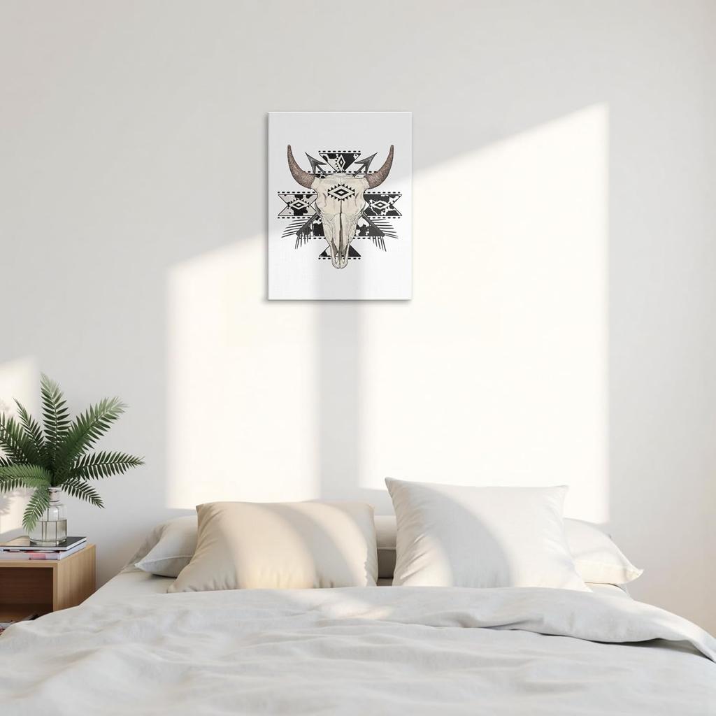 GTYNU Boho Aztec Western Cow Bull Skull Framed Canvas Wall Art Decor, Southwestern Wall Art Canvas Prints, Boho Bedroom Decor, Western Wall Decor for