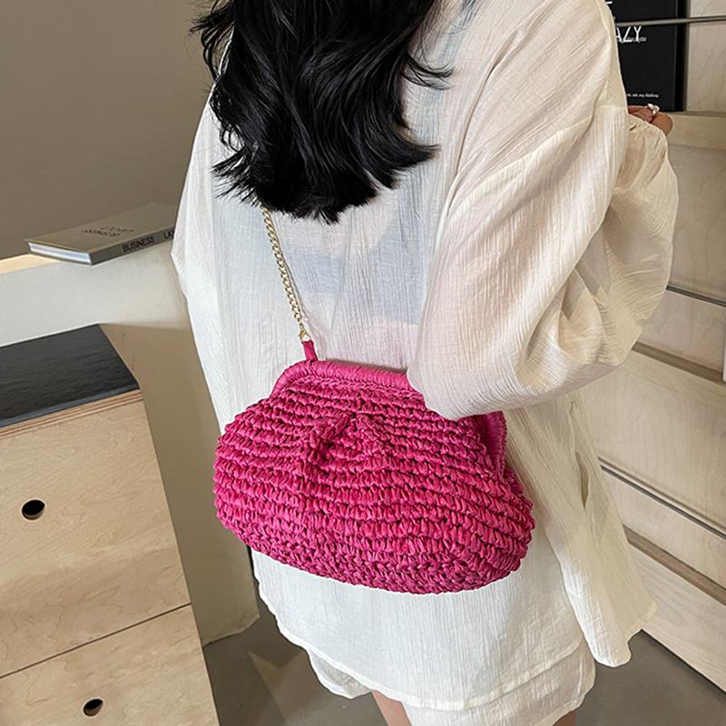 Summer Beach Fashion Hollow Out Women Clip Woven Shoulder Bag Straw Weave Chain Casual Crossbody Bags