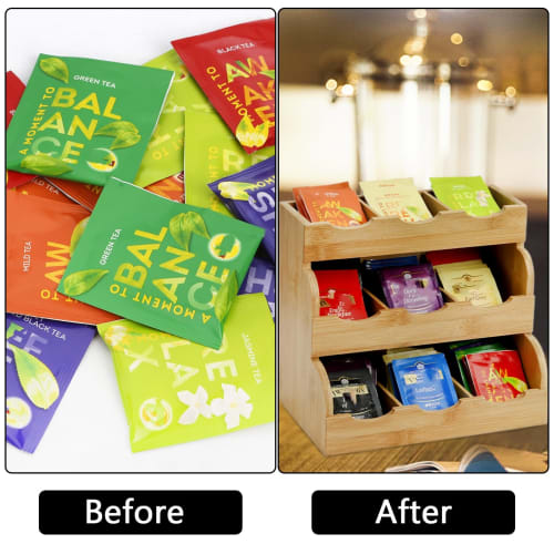 Lyellfe Tea Bag Organizer, Vertical Bamboo Tea Bag Holder, Tea Bag Tray Caddy, Holds 180 Tea Bags, 3 Tiers, Rustic Coffee Condiment Holder, Storage Ca