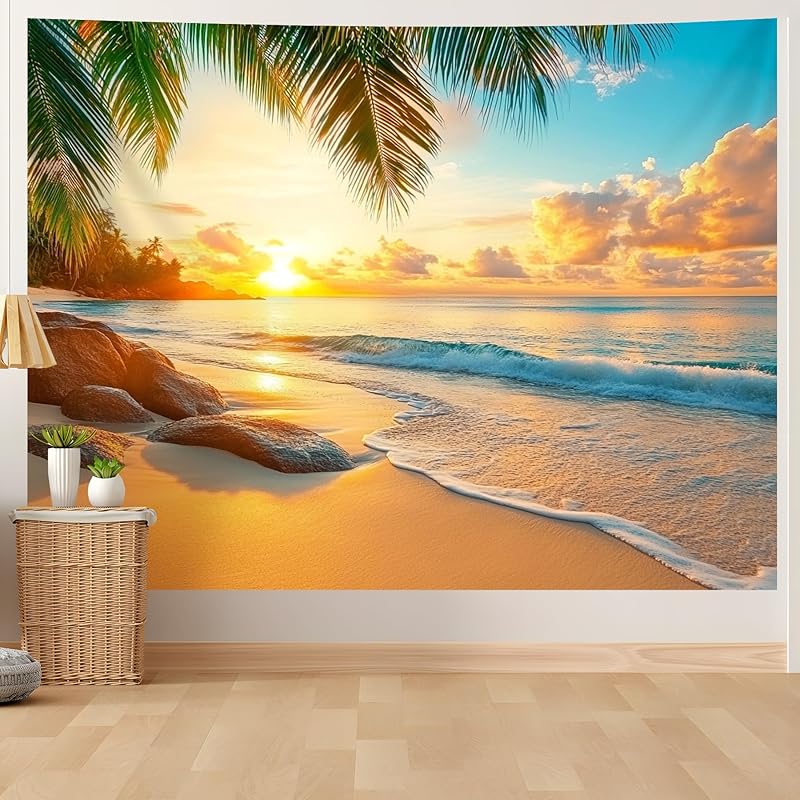 AOHMPT Ocean Sunset Tapestry, Beach Evening Sunset Tapestry, Natural Beach Palm Tree Landscape Poster, Seaside Landscape Wall Hanging for Bedroom,