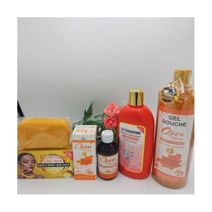 Open White Body Care – Gel Douche 1L, Huile Corps 125ml, Lait Tchadienne & Savon Egyptian Gold