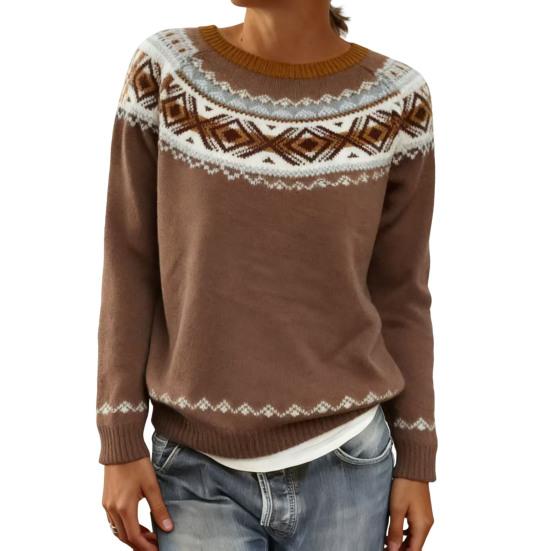 Women Sweater Round Neck Long Sleeve Patchwork Color Pullover Tops Loose Fit Autumn Winter Knit Tops