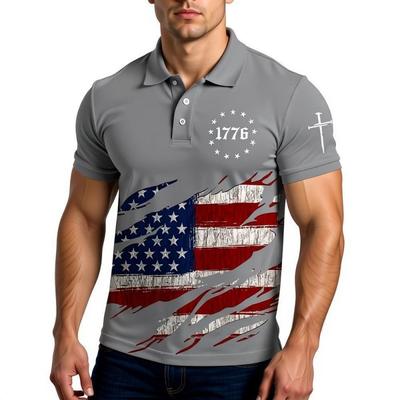 Patriotic 1776 Flag Print Short Sleeve Polo Shirt, Stylish Casual Wear