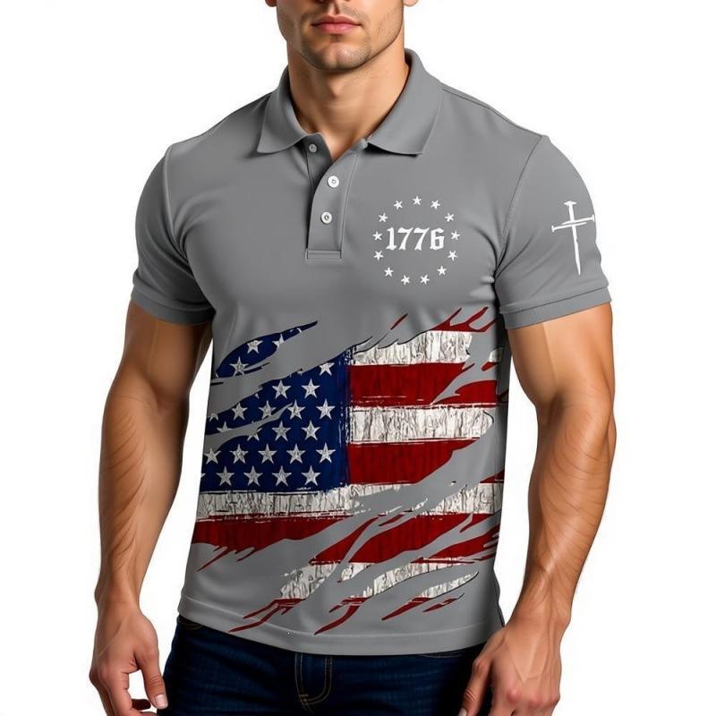 Patriotic 1776 Flag Print Short Sleeve Polo Shirt, Stylish Casual Wear