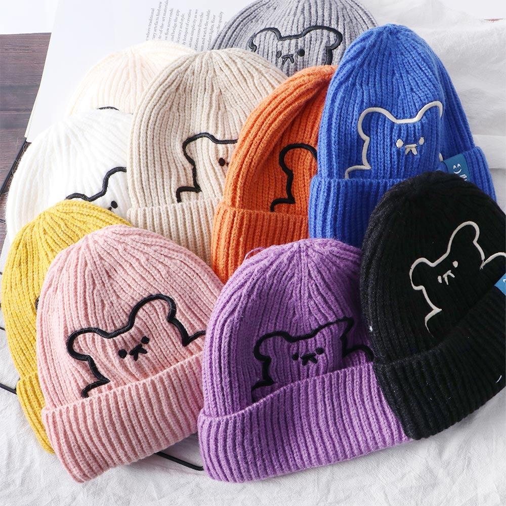 Girl All-match Stripe Winter Embroidered Bear Wool Hat Knitted Hat Women Beanies Korean Style Caps