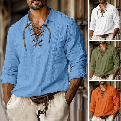 Fall Spring Men Shirt Lace-up Strap V Neck Long Sleeves Pure Color Pullover Loose Vintage Casual