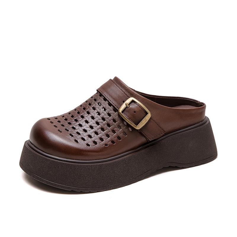 

Женские кожаные мюли на платформе с пряжкой, дышащие, без застежек, летние туфли 35 коричневый