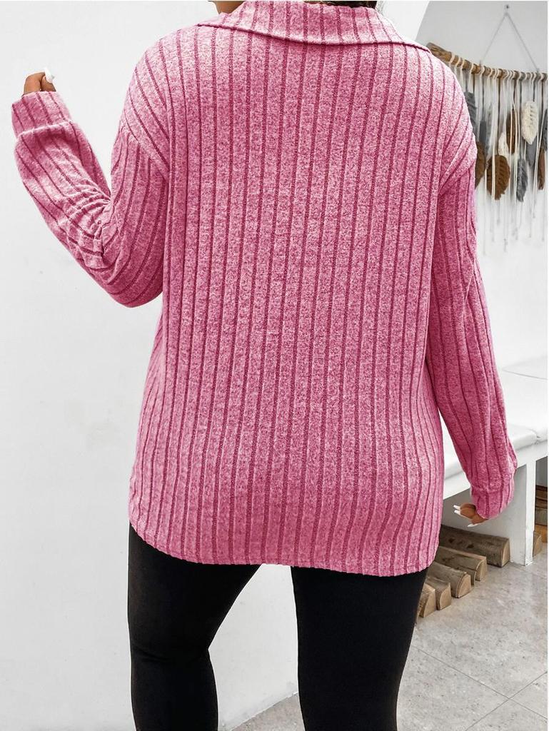 2026 Autumn/Winter Women's Plus Size V-Neck Long Sleeve Ribbed T-shirt