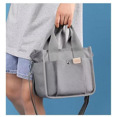Large Capacity Women's Canvas Lunch Bag with Multi-Compartment Pockets – Ideal Shoulder Handbag for Office or Mommy Use.