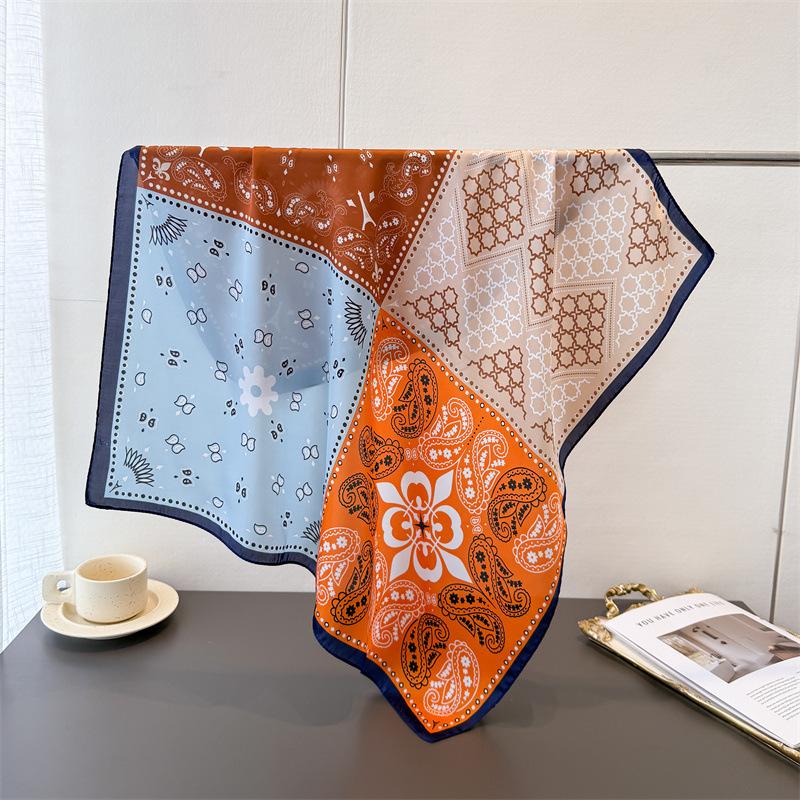 

Fashion Color Matching Printing Simulation Silk Scarf Square Scarf High-End Shawl Versatile Neck Small Square Scarf Headscarf Scarf Women Unilateral 66-70CM