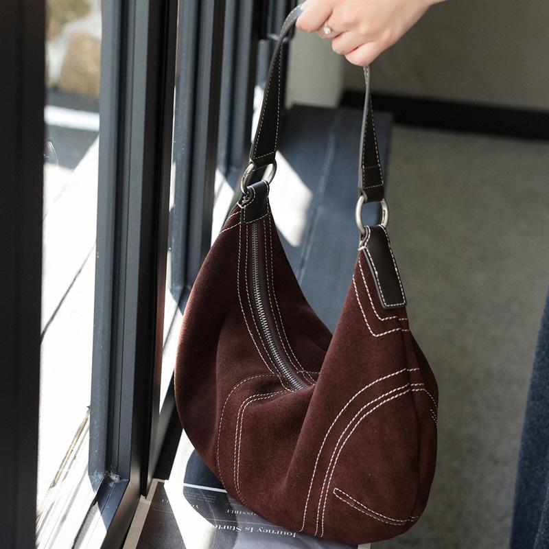 Luxury Women Suede Leather Hobo Shoulder Bag Vintage Half Moon Handbag Cross Body Daily Casual Underarm Purse Genuine Cowhide