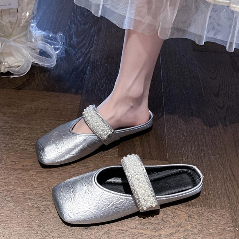 Fashion Summer 2025 Flats Mules Women Shoes Slingback Slippers Women Designer String Bead Square-toed Sandals Dress Fashion Slides Women