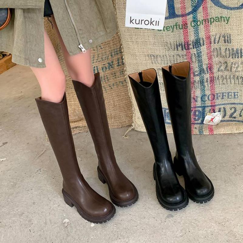 New round head versatile Martin boots leather medium heel large size women's boots round head autumn and winter solid color leather high boots