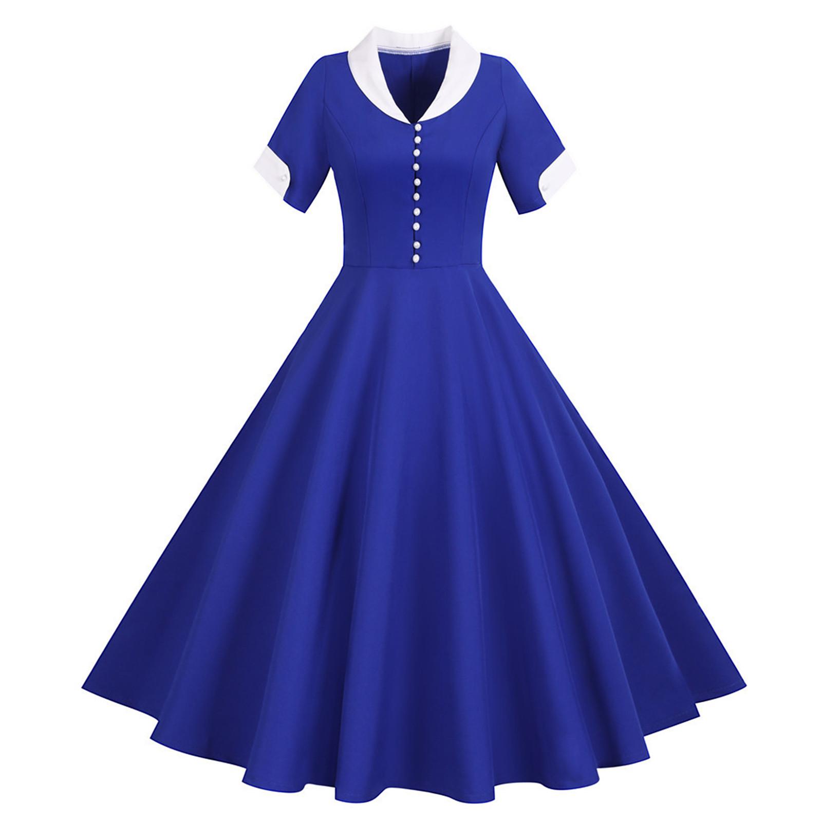 

Женская мода повседневная тонкая однотонная винтажная с коротким рукавом и воротником большого размера платья XL