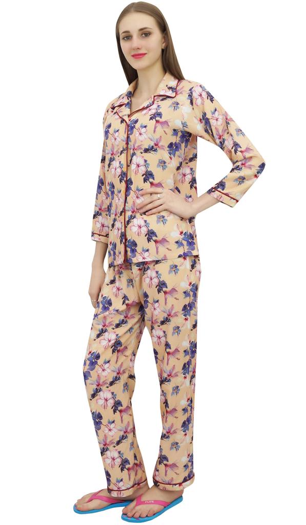 Bimba Beige Button-Down Shirt With Elastic Waist Pajama Pant Night Wear