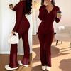 Damen 2-teilige Trainingsanzüge Reißverschluss Kapuzenpullover und Schlaghosen Gerippte Strick-Outfits Sexy Bodycon Workout-Trainingsanzüge