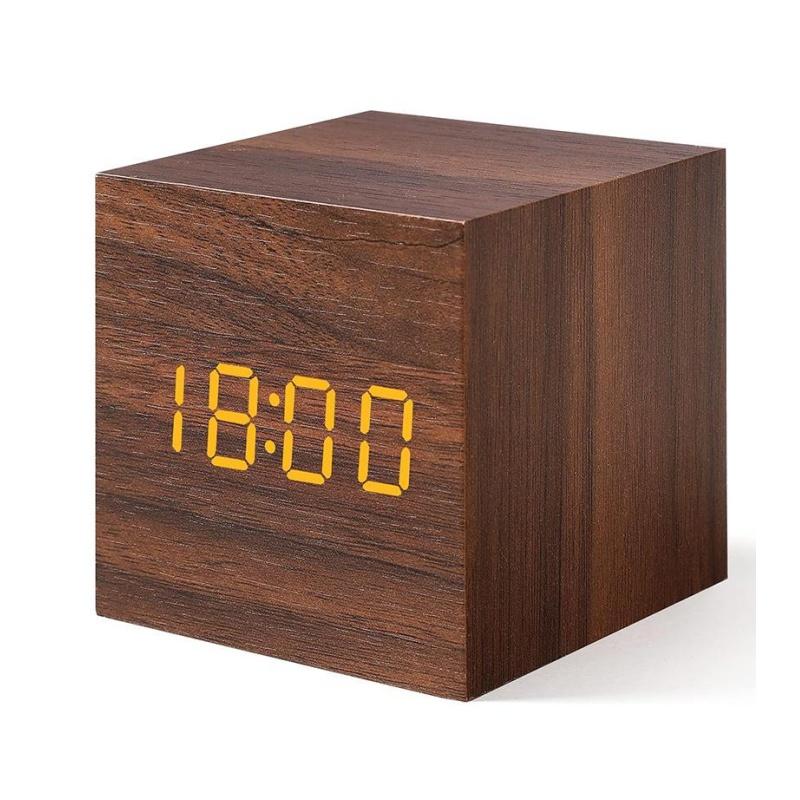 Voice Control Wooden Digital Alarm Clock TEMP Date 3 Alarms Desktop Electronic Table Clock 12/24H USB Powered LED Bedside Clock