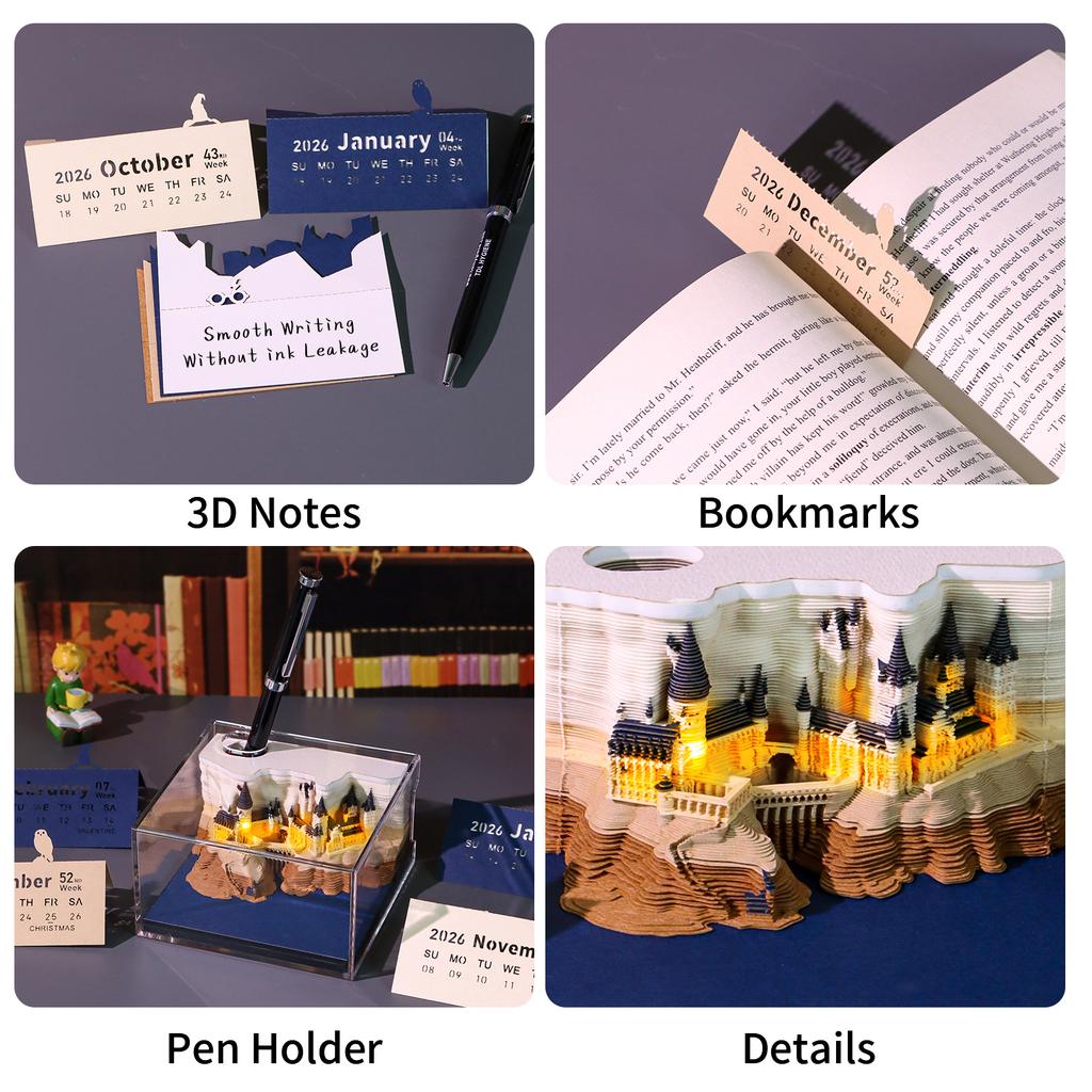 Magic Castle Weekly Calendar With Led Light 2026 Time Piece Calendar 3D Art Paper Carving Memo Pad Notepad for Christmas Gifts