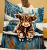 Highland Cow with Purple Bow Blanket- Lightweight Flannel Throw for Sofa, Outdoor, Camping, Livingroom, Office, Chair, and Bed