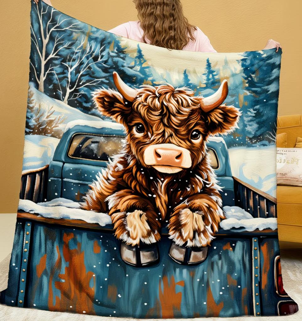 Highland Cow with Purple Bow Blanket- Lightweight Flannel Throw for Sofa, Outdoor, Camping, Livingroom, Office, Chair, and Bed