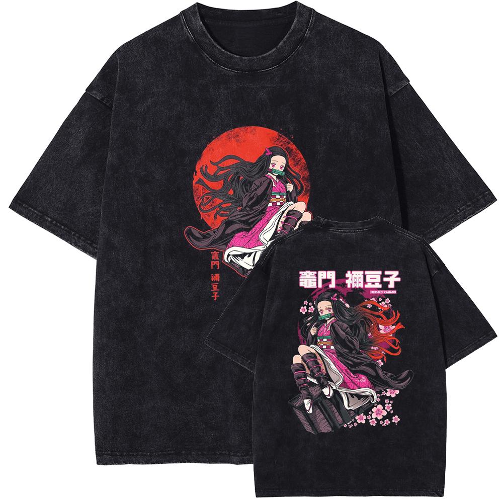 Japan Anime Demon Slayer Kamado Nezuko Graphic Tshirt Men Women Cotton T-shirts Vintage Washed Tee Harajuku Male Casual T Shirt
