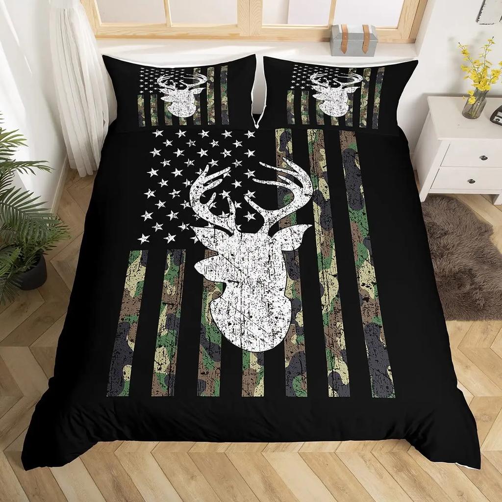 Antler King Queen Duvet Cover Whitetail Deer Bedding Set Wild Fawn Quilt Cover Countryside Rural Animal Brown Comforter Cover