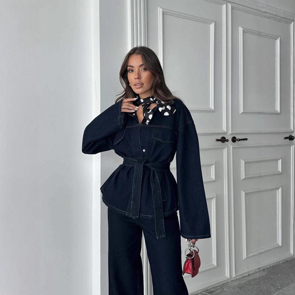 2025 Cross-border European and American Women's Clothing Amazon Fashion Casual Lapel Denim Lace Retro Versatile Two Pieces