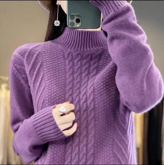 Women's Half High Neck Wool Sweater - Solid Color, Cable Knit, Cashmere Blend, Thickened Base Layer, 2023 Autumn/Winter Trendy.