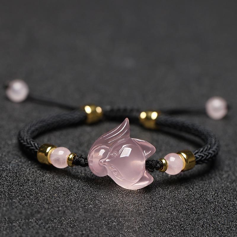 

Pink crystal little fox bracelet, red string hand-woven black bracelet, hibiscus stone bracelet, jewelry for female friends Black rope version