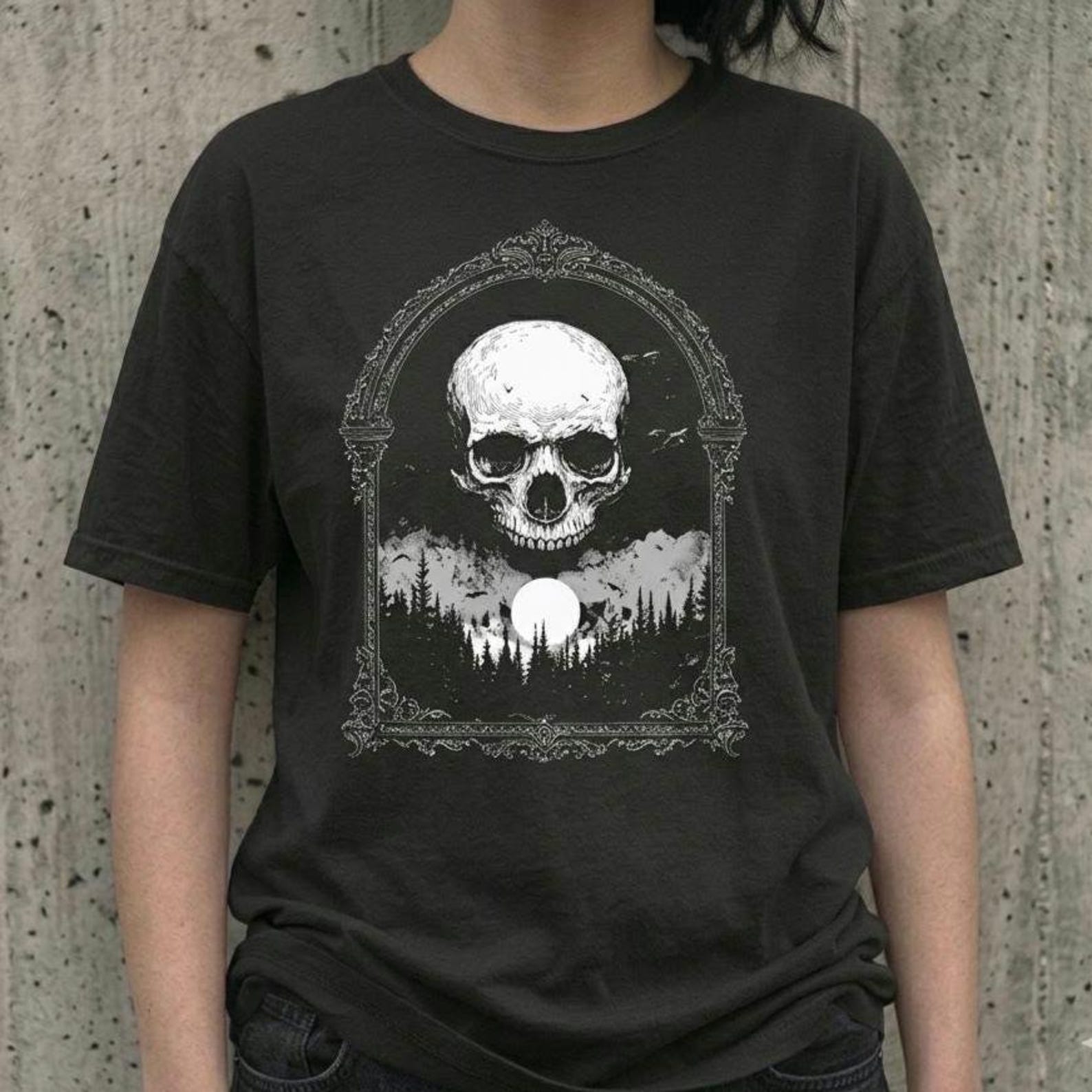 Skull Forest Moon Shirt, Gothic Arch Crow Graphic Tee, Dark Academia Alt Clothing, Comfort Colors Goth Gift S