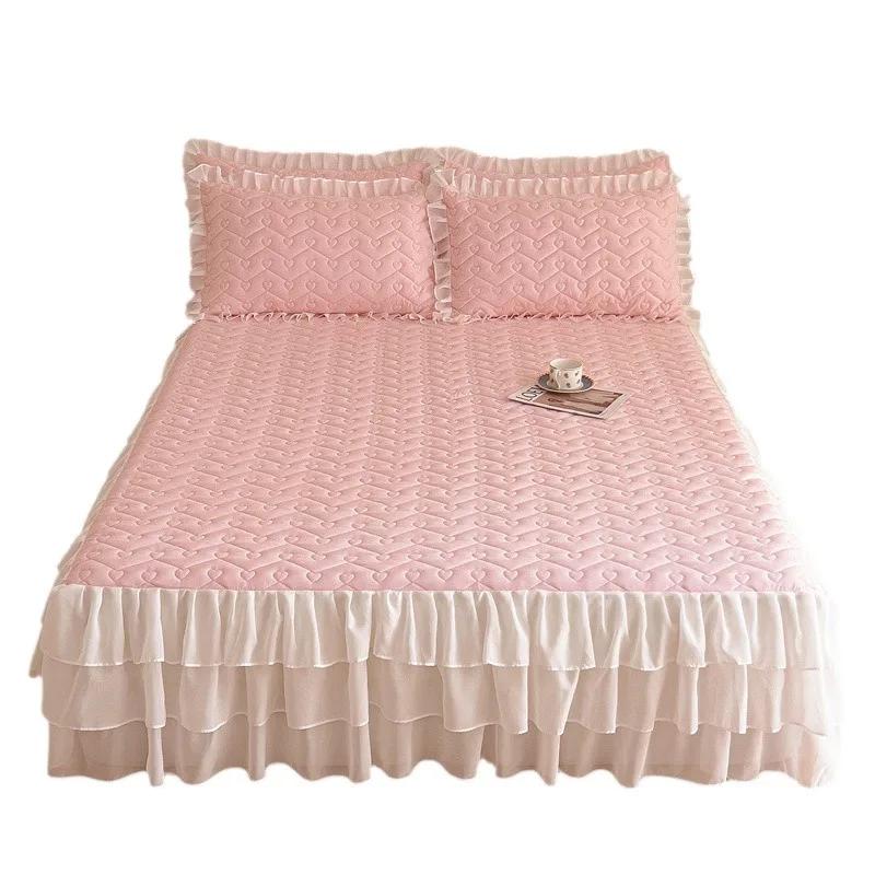 Volan de pat din dantelă cu model în formă de inimă, de înaltă calitate, matlasat, cu tiv inferior din șifon, cuvertură de pat, moale, confortabil, cearșafuri de pat antiderapante, lenjerie de pat