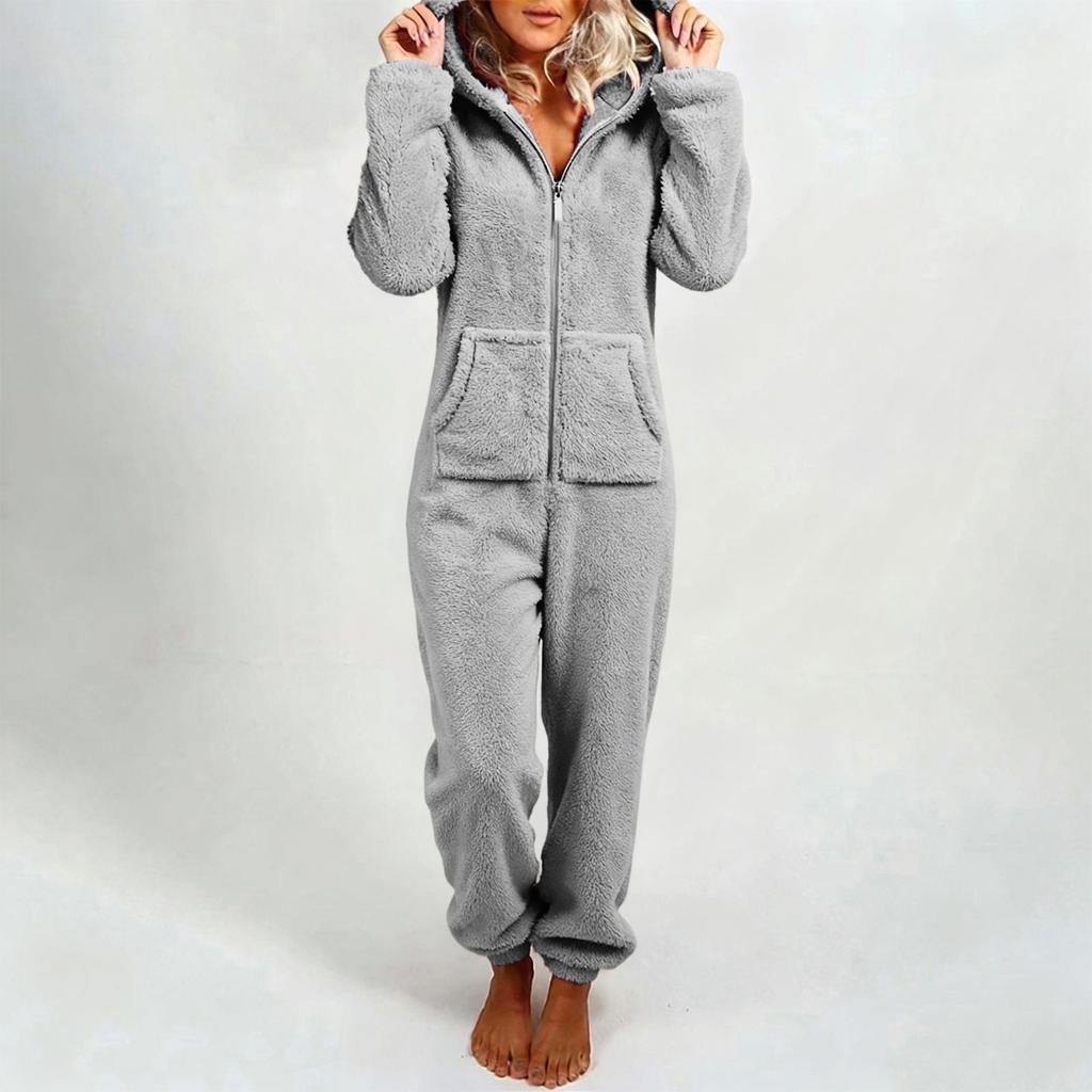Women's Fashion Fleece-Lined Thickened Fleece Hooded Pyjamas With Zip-Up Onesie