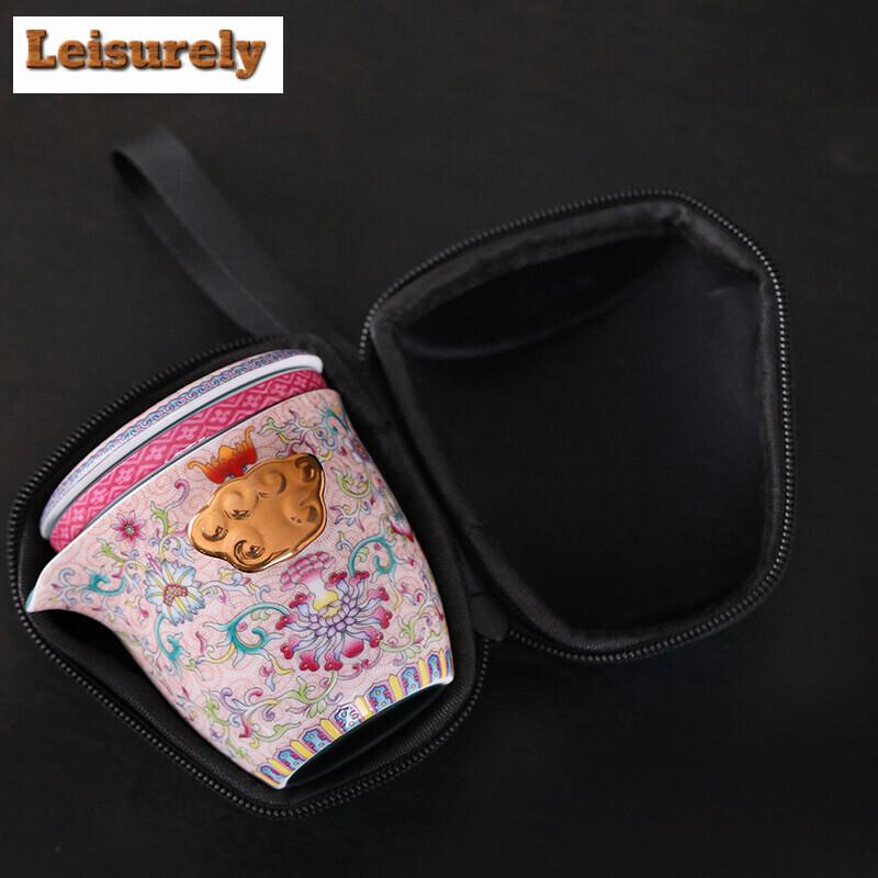 Emaillefarbenes Blumen-Reise-Teeset-Kit Handgefertigt 1 Kanne 2 Tassen Teekannen-Werkzeuge Camping Reise Tragbare Handtasche Teezeremonie Geschenk