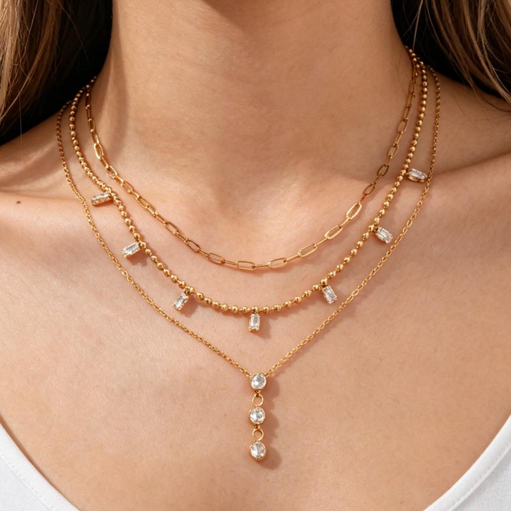 Delicate Zircon Pendant Necklace for Women, Stackable Multi-Layer Stainless Steel Necklace, 18K Gold Plated Fashion Jewelry Set
