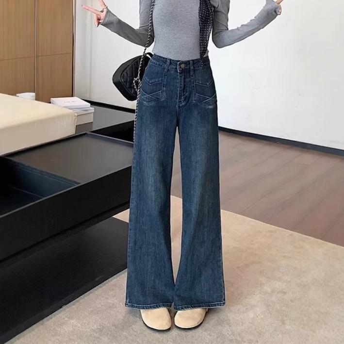 Plus Size Stretch High Waist Straight-Leg Jeans for Pear-Shaped Women - Slimming Design Wide Leg Long Pants