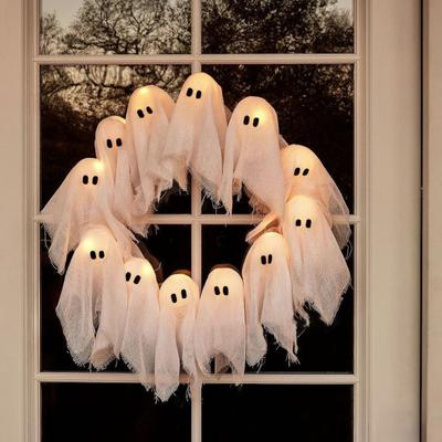 Halloween Ghost Wreath 12 Little Light-up White Ghost Wreath Front Door Hanging Decoration for Holiday Indoor Outdoor Wall Decor