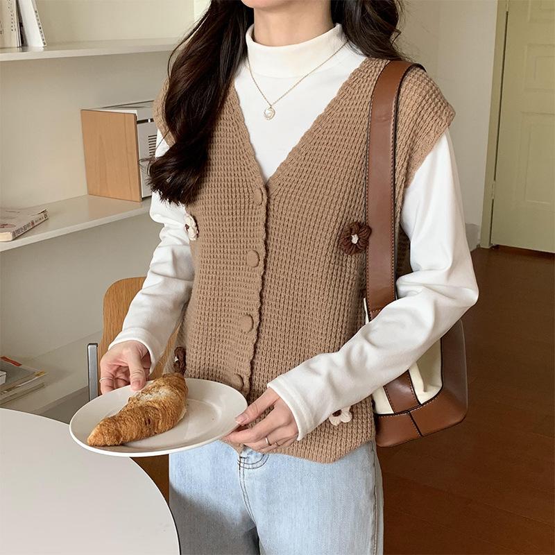 3D výšivka květinový vzor Jednořadá pletená tílko bez rukávů kroucená vesta