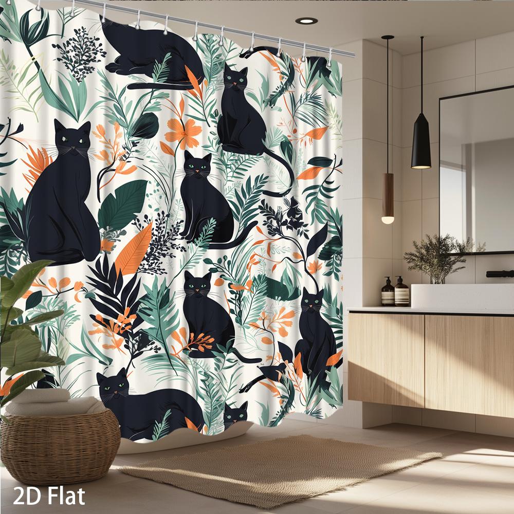 1Pc Botanical Shower Curtain — Abstract Black Cat With Floral & Leaf Motifs, Printed On Polyester For Bathroom Decor
