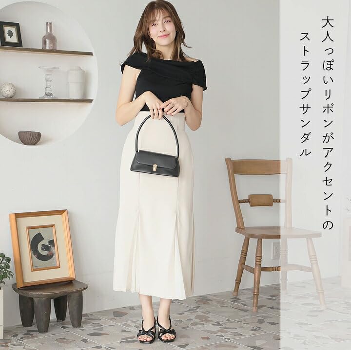 Sandals with 5cm Chunky Heel L [Vivian] Women's Straps, Ribbon, V65104SM, Ivory, (24.0-24.5)