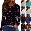 Women's Fashionable Long-Sleeved Round Neck Top with Slit Hem and Valentine's Day Heart Print