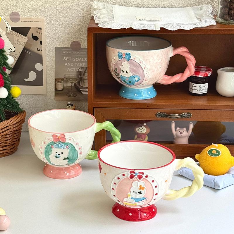 High-value underglaze color relief breakfast oat cup girls large-capacity ceramic mug birthday gift souvenir