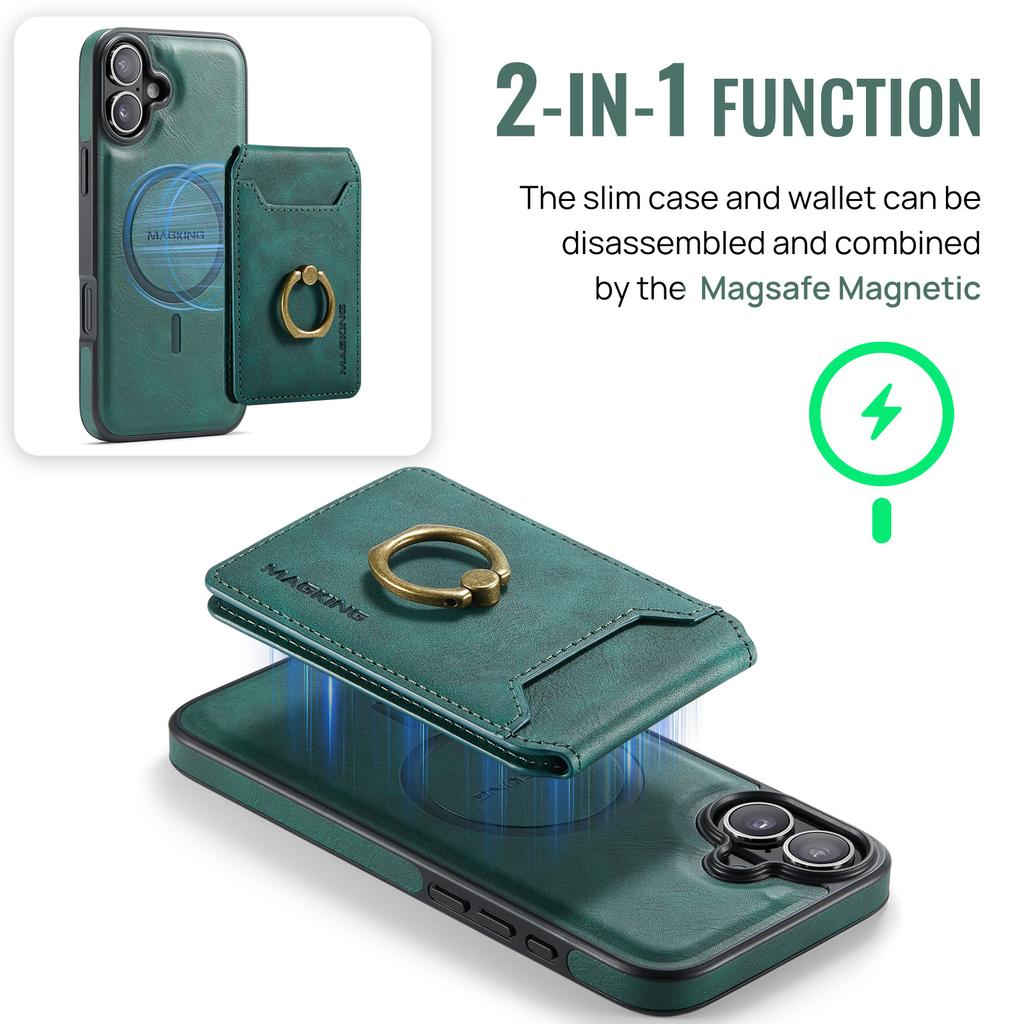 MAGKING K1 Series For iPhone 16 Plus Magnetic Case PC+TPU+PU Phone Cover with Card Holder Kickstand