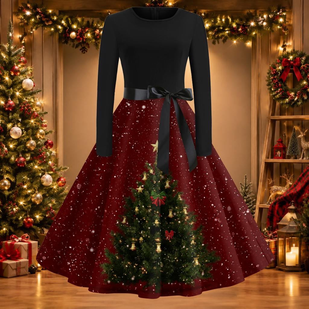 Women's Casual Vintage Christmas Print Neck Dress for Holiday Party