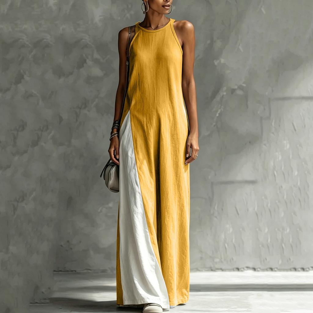 Women Sleeveless Loose Fit Maxi Dress with Pocket Color Block Design Casual Elegant Summer Long Dress