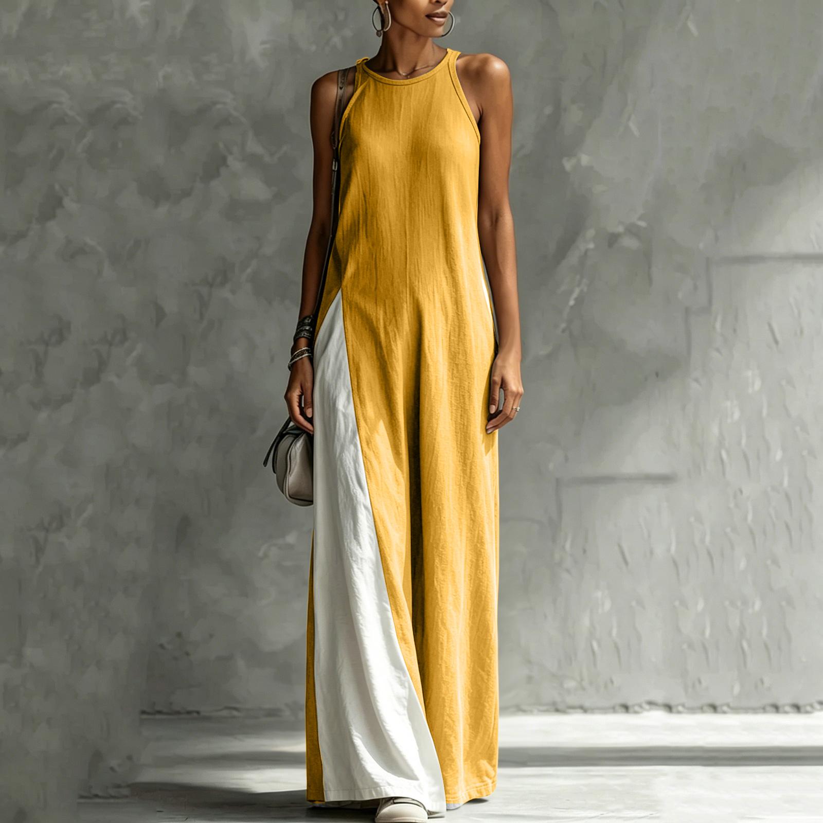 

Sleeveless Maxi Dress for Women Casual Loose Fit Crew Neck Long Dress with Side Panel Design for Daily Wear XL жовтий