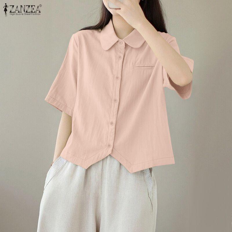 ZANZEA Women Turn Down Collar Loose Casual Half Sleeve Blouse