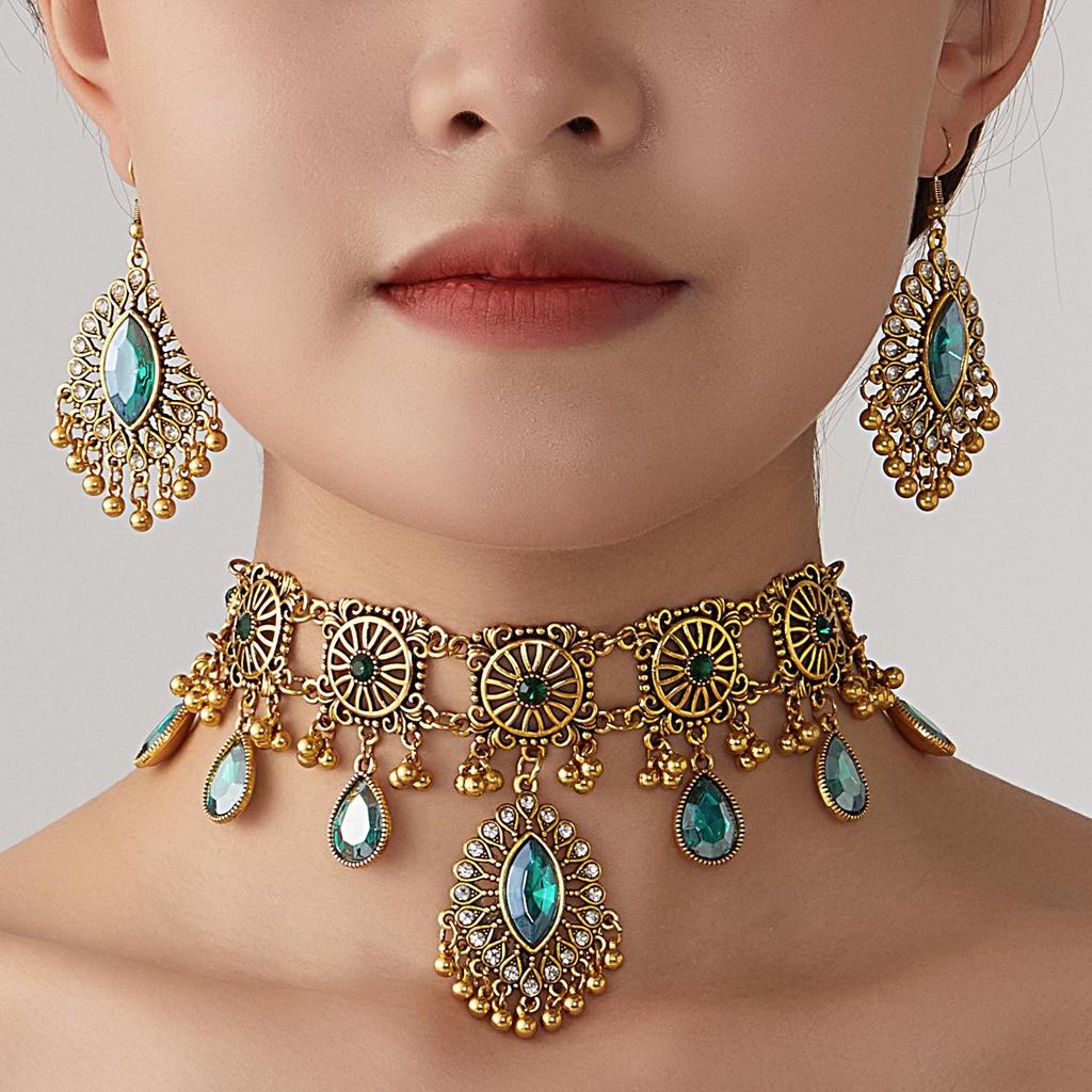 Indian Ethnic Style Gemstone Beaded Jewelry Set - Necklace & Earrings