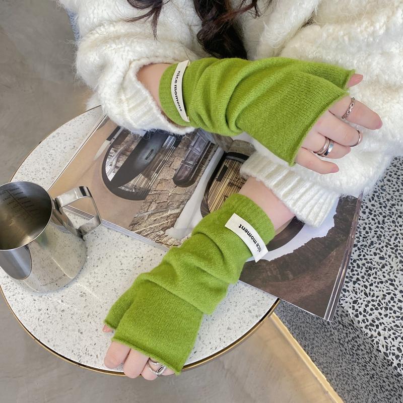 Korean-Style Women Letter Labeling Arm Warmers Knitted Fingerless Gloves Wrist Sleeves Harajuku Pure Color Gloves For Women