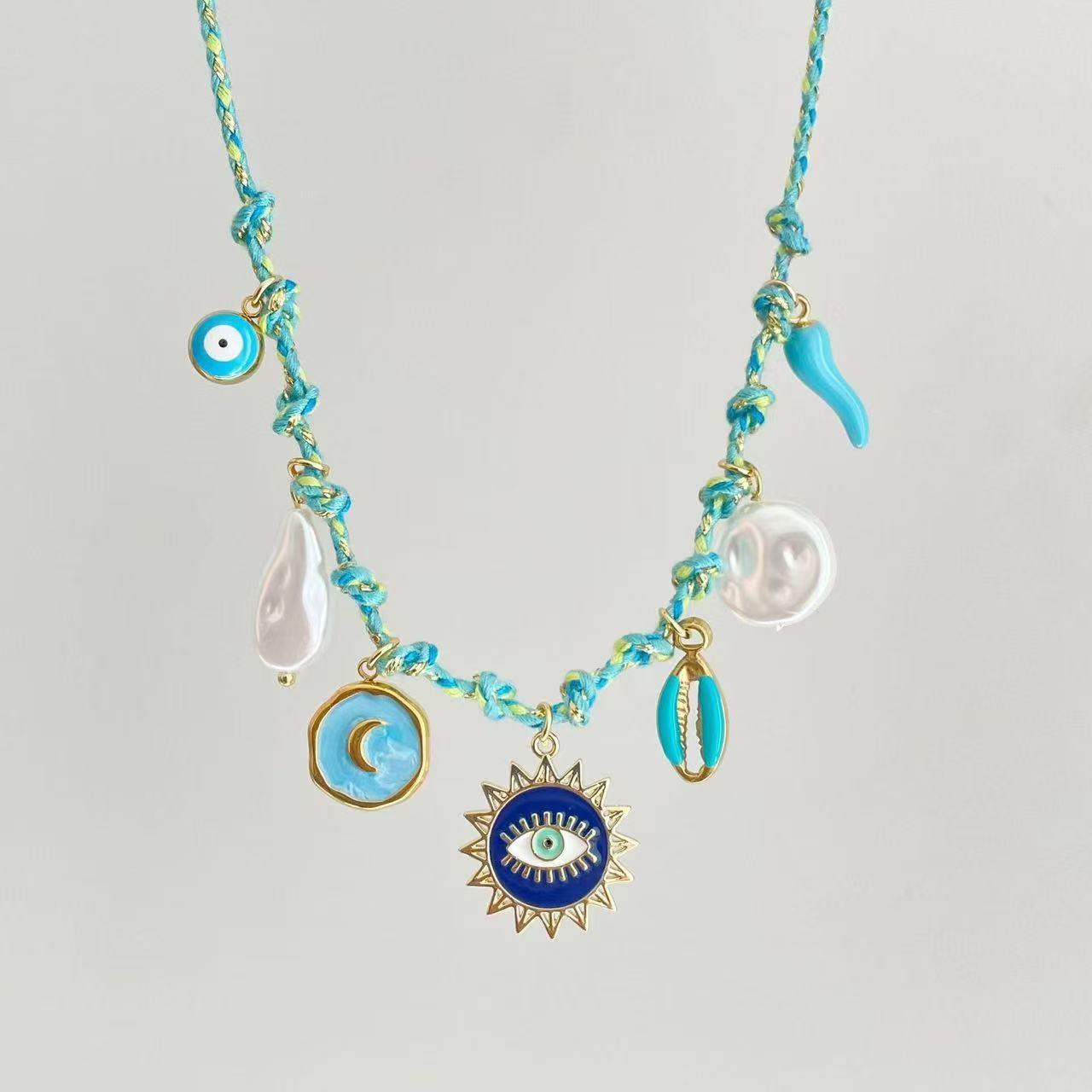 Summer Sea Love Starfish Seashell Pearl Heart Pendant with Colorful Rope небесно-голубой