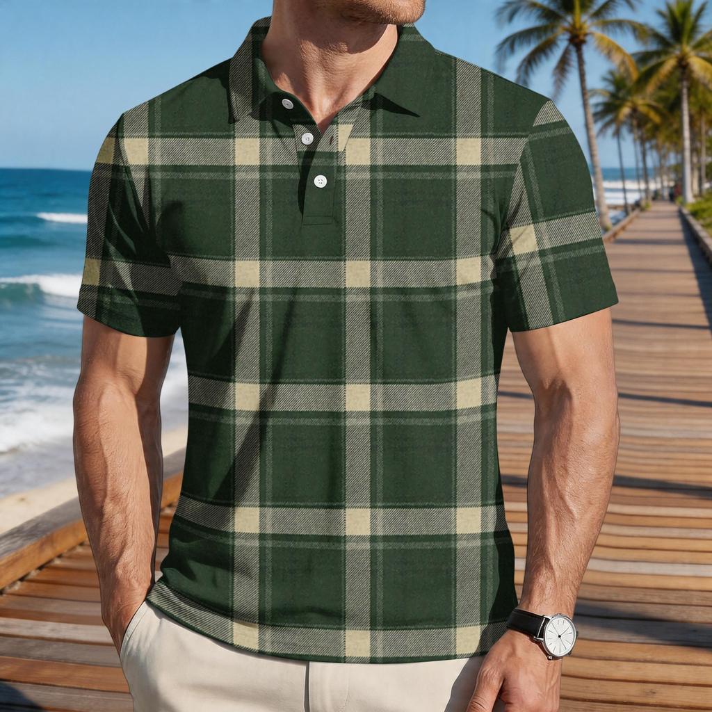 Men’s Loose Fit Casual Plaid Print Short Sleeve Polo Shirt with Turn Down Collar for Everyday Wear